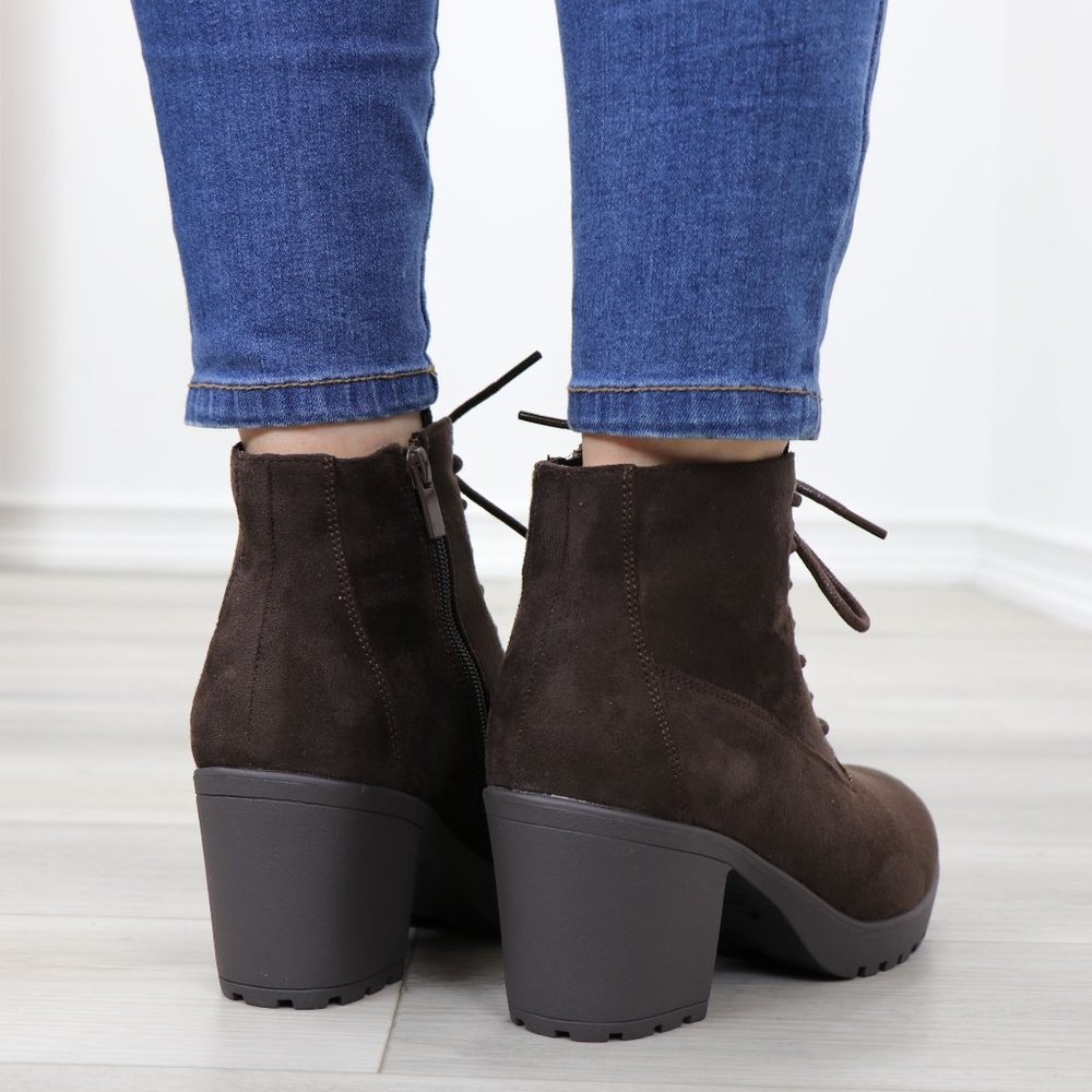 Brown Faux Suede Lace-Up Lug Chunky Block High Heel Ankle Boots - Picture 7 of 12
